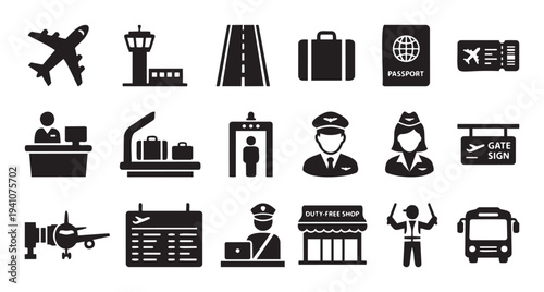 Black silhouette icon collection illustrating essential airport services, travel elements, and professional personnel, perfect for applications in aviation, flight procedures, and global