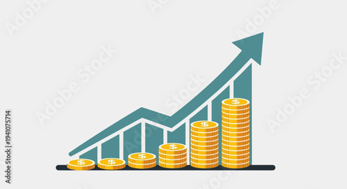Financial Growth Graph with Stacked Coins and Upward Arrow Icon