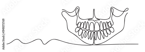 Minimalist one line drawing of human jaw and teeth suitable for dentistry and orthodontic clinics, dental health education, or medical science presentations
