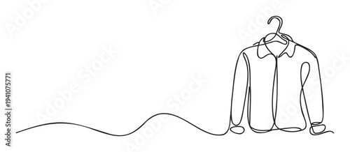Minimalist one line drawing of a collared shirt on a hanger representing simplicity and elegance, perfect for branding, retail graphics, or apparel store promotions.