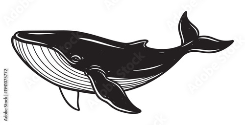 Stylized monochrome whale swimming through the ocean depths, making a striking graphic resource for educational materials, apparel prints, and nautical themed designs