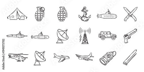 Hand drawn outline collection of various military, outdoor adventure, and reconnaissance equipment items perfect for educational materials, security industry presentations, or themed