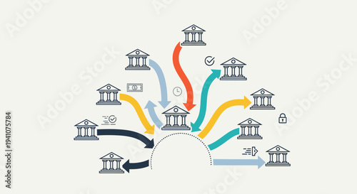 Financial Network Diagram with Banks and Arrows, Business Concept