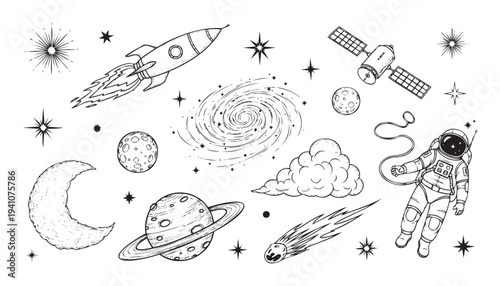 Explore the vast cosmos with this handdrawn collection of celestial objects including a flying rocket, adventurous astronaut, orbiting planets, shimmering stars, and distant galaxy, perfect