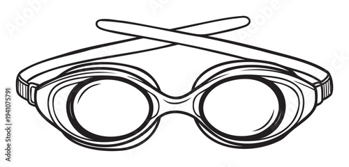 Essential equipment for aquatic sports, this detailed black outline drawing of swimming goggles is ideal for sportswear catalogs, swimming class advertisements, and fitness related content.