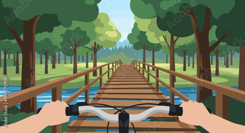 First-person view of cycling on a wooden bridge through a forest in summer