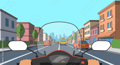 First-person view of riding a scooter on a city street with buildings and traffic