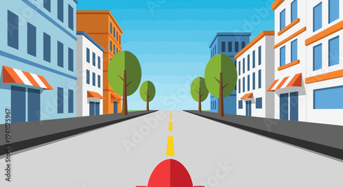 Flat cartoon city street scene with buildings, trees, road, and sky
