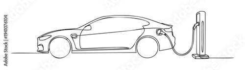 Continuous line drawing depicting an electric car plugged into a charging station, symbolizing modern sustainable transportation and ecofriendly automotive technology for various