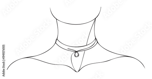 Simple line drawing portraying a graceful feminine neck and shoulders with a stylish minimalist necklace, suitable for branding, aesthetic projects, or contemporary visual campaigns.