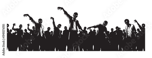 A frightening silhouette of a zombie horde with outstretched arms and glowing eyes creating a scary horror scene suitable for Halloween party invitations or movie posters.
