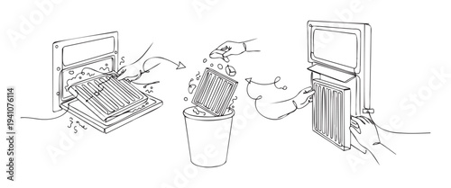 Detailed maintenance process of replacing a dirty air filter with a new one for an HVAC system, depicted in a clear instructional line drawing suitable for technical manuals and service
