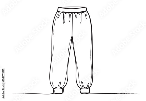 Simple line drawing of comfortable athletic sweatpants for casual wear and fitness activities, ideal for sports apparel catalogs or minimalist garment design resources