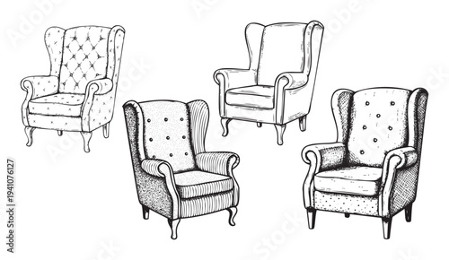Stylish collection of handdrawn vintage upholstered armchairs and comfortable seating options perfect for interior decoration concepts and furniture related commercial projects