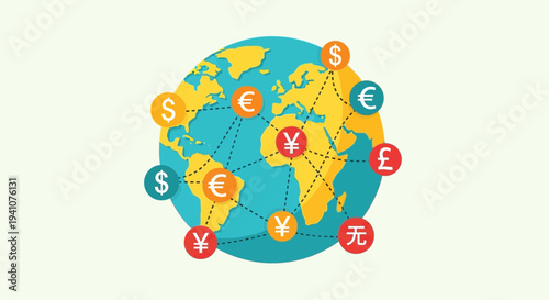 Global Currency Exchange Network - World Map with Money Symbols