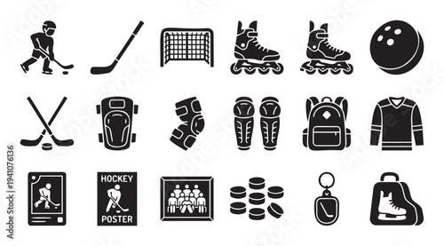 Comprehensive collection of hockey and inline skating equipment icons perfect for sportsthemed athletic branding, digital interfaces, mobile applications, and educational materials