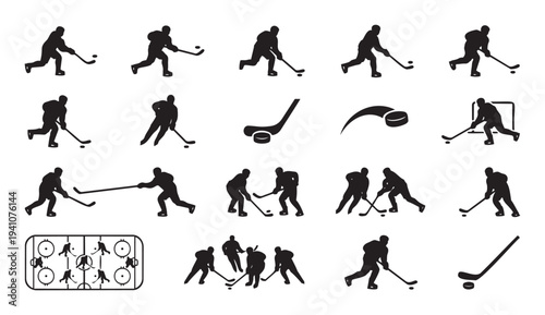 Dynamic ice hockey player silhouettes and rink layout perfect for sports graphics, game development, athletic event promotions, and winter sports branding projects