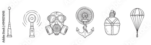 Handdrawn black and white line icons featuring essential military and survival gear, including a gas mask, anchor, and parachute, ideal for various graphic design projects.