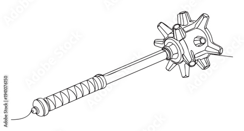 This detailed line drawing of a medieval mace with a spiked head and wrapped handle is perfect for historical presentations, game assets, or educational materials needing ancient weaponry.