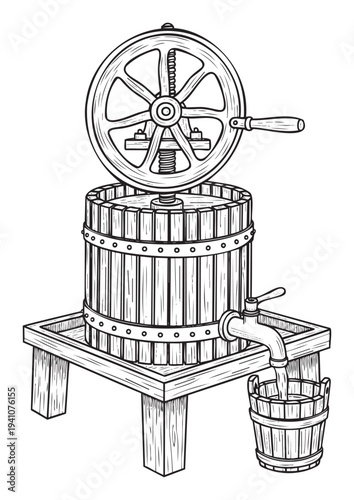 Traditional wooden fruit press with a large wheel and spigot pouring liquid into a bucket, perfect for depicting oldfashioned juice or winemaking processes and agricultural themes