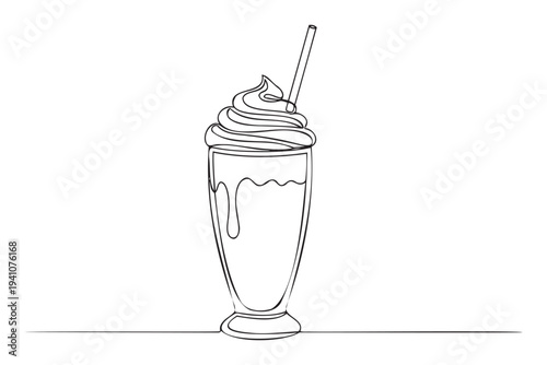 Simple continuous line drawing of a delicious milkshake topped with whipped cream and a drinking straw for sweet beverage menus or dessert advertisements