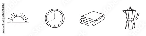 Collection of hand drawn line icons depicting morning routine items such as a sunrise, a wall clock, a folded towel, and a coffee pot for everyday lifestyle applications.