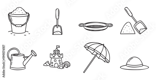 Collection of outlined beach accessories and sand play items including bucket, shovels, sifter, watering can, sandcastle, umbrella, and sun hat, perfect for summer holiday promotions and