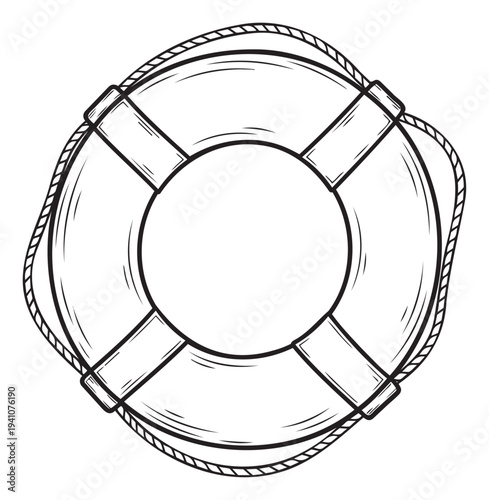 Black outline drawing of a classic lifebuoy safety ring with woven rope, ideal for maritime themes, nautical decor, ocean adventure promotions, or water safety awareness campaigns.