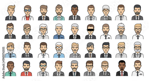 Diverse group of cartoon business people in professional attire, featuring men and women of various ages and ethnicities, representing diversity in the workplace