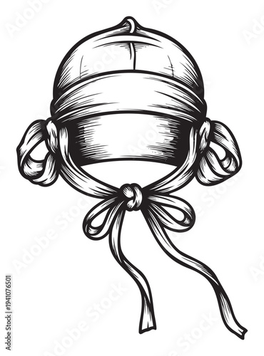 Classic oldfashioned sleeping cap tied with an elegant ribbon bow, ideal for historical themed projects, vintage clothing accessory representations, or traditional graphic prints.