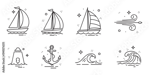 Essential collection of nautical sea themed outline icons representing maritime travel and ocean adventures, ideal for web interfaces, mobile apps, or vacation branding projects