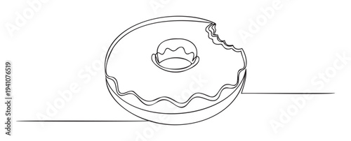 Minimalist continuous line drawing of a bitten donut with sugary icing, perfect for food blogs, bakery branding, or sweet treat promotions and packaging