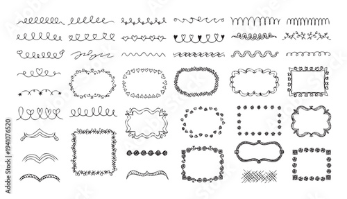 Collection of whimsical hand drawn doodle frames, borders, and decorative divider elements perfect for enhancing scrapbooks, journals, planner layouts, wedding invitations, and graphic