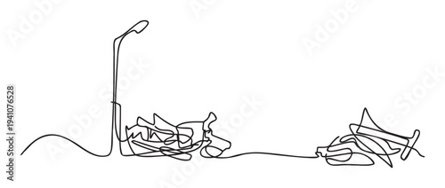 Continuous line drawing featuring a minimalist street lamp connected to abstract tangled shapes resembling modern footwear, perfect for contemporary graphic presentations and stylish wall