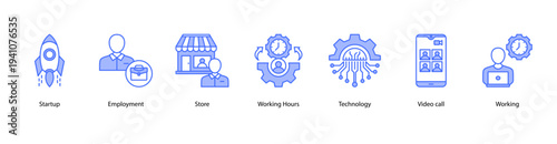 Startup and Employment web banner vector illustration featuring Startup, Employment, Store, Working Hours, Technology, Video Call, and Working.
