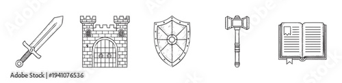 Collection of handdrawn medieval weapon and object icons including a sword, castle tower, shield, war hammer, and open book, perfect for game UI, historical themes, or educational materials