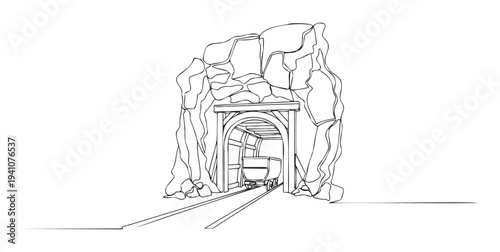 Simple continuous line drawing of an old mine entrance carved into a mountain rock with a vintage cart on railroad tracks emerging from the tunnel, perfect for historical exploration or