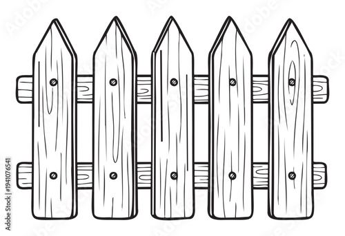 A charming simple graphic outline drawing of a rustic garden fence made of individual wooden pickets with visible grain and fasteners, perfect for various home decor or outdoor themed