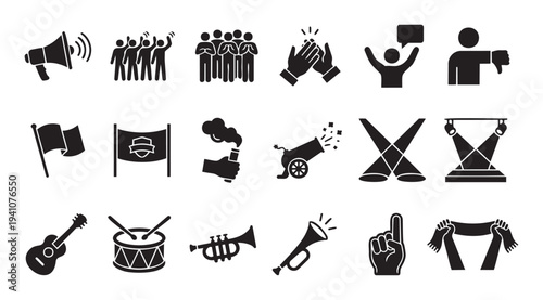 Dynamic collection of powerful protest and celebration icons, including megaphone, cheering crowd, musical instruments, flags, and spotlights, perfect for event promotion, activism, or