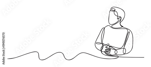 Continuous line drawing of a person with clasped hands, symbolizing focus, contemplation, or prayer, suitable for minimalist communication, business, or conceptual graphic presentations