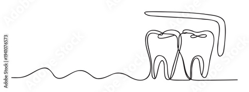 Minimalist continuous single line drawing illustrating two healthy human teeth with a toothbrush element, perfect for modern dental care branding and oral hygiene promotion.