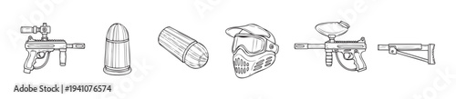 Hand drawn outline style collection of combat sports equipment featuring paintball guns protective mask and various ammunition suitable for graphic resources or printed materials