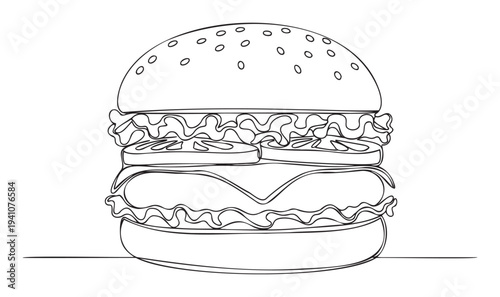 Minimalist one line drawing of a delicious gourmet hamburger showcasing fresh ingredients for restaurant menus food packaging or culinary blog graphics