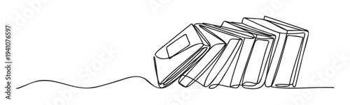 A minimalist continuous line drawing depicting a row of leaning books, symbolizing education, knowledge, and the joy of reading, perfect for academic and literary projects