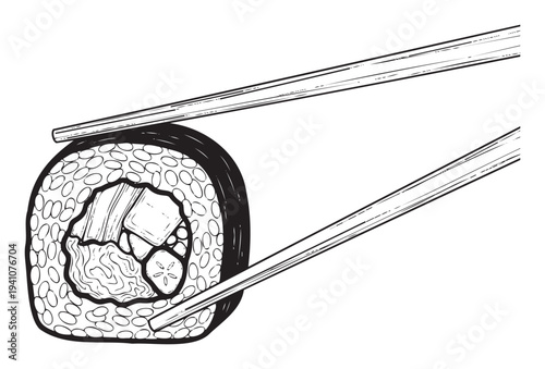 A black and white line drawing of a delicious sushi roll being held by traditional chopsticks is perfect for food blogs menus and restaurant promotions