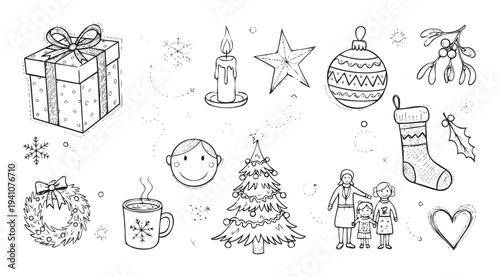 Black and white hand drawn holiday season collection featuring gift box, candle, Christmas tree, ornaments, mistletoe and family for festive projects and celebrations.
