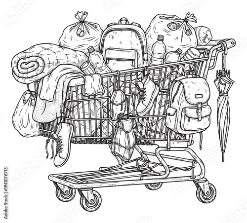Shopping cart filled with various personal belongings including bags, backpacks, blankets, shoes, and water bottles representing a transient lifestyle or moving day concepts