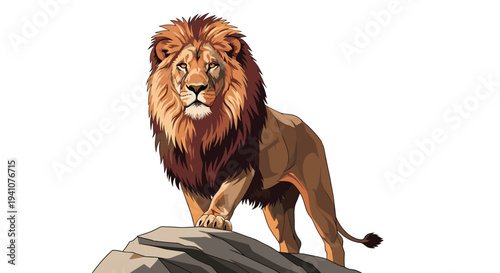 Powerful lion standing majestically on a rocky outcrop against a plain white background in a detailed vector style.