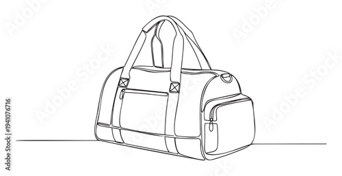 Minimalist single line drawing of a modern duffel bag for sports and gym essentials, perfect for travel lifestyle and fitness related applications