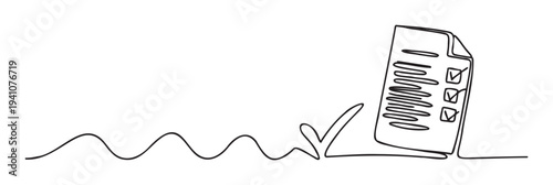 Continuous line drawing of a document with a checklist and checkmarks, symbolizing successful task completion or approval, ideal for business, educational, and productivity presentations